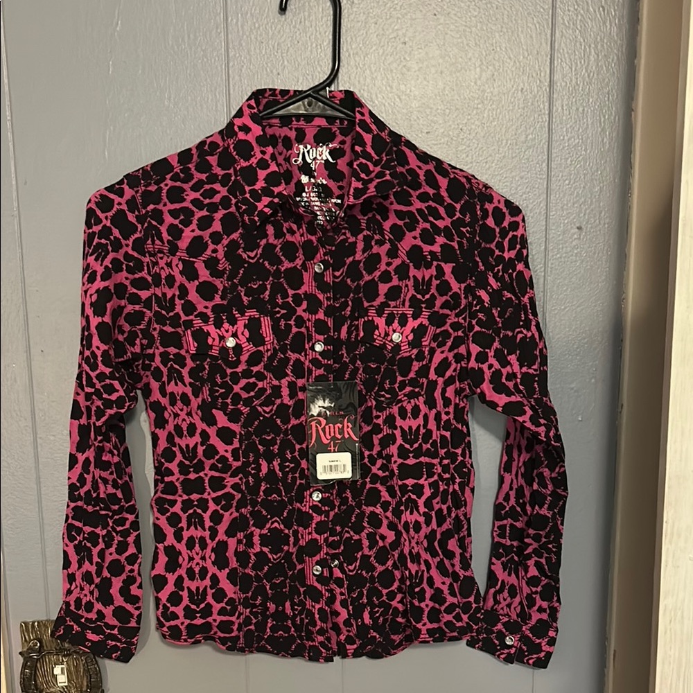 Wrangler Pink and Black Leopard Button Down Shirt